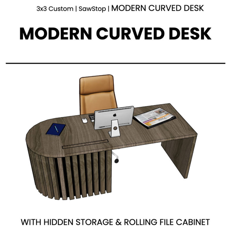 Modern curved desk with hidden storage & rolling file cabinet